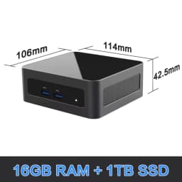 Mini PC MLLSE M8 compacto negro con ventilación lateral, puertos frontales USB 3.0 y jack, medidas 114x106x42.5 mm, texto 16GB RAM + 1TB SSD en la base