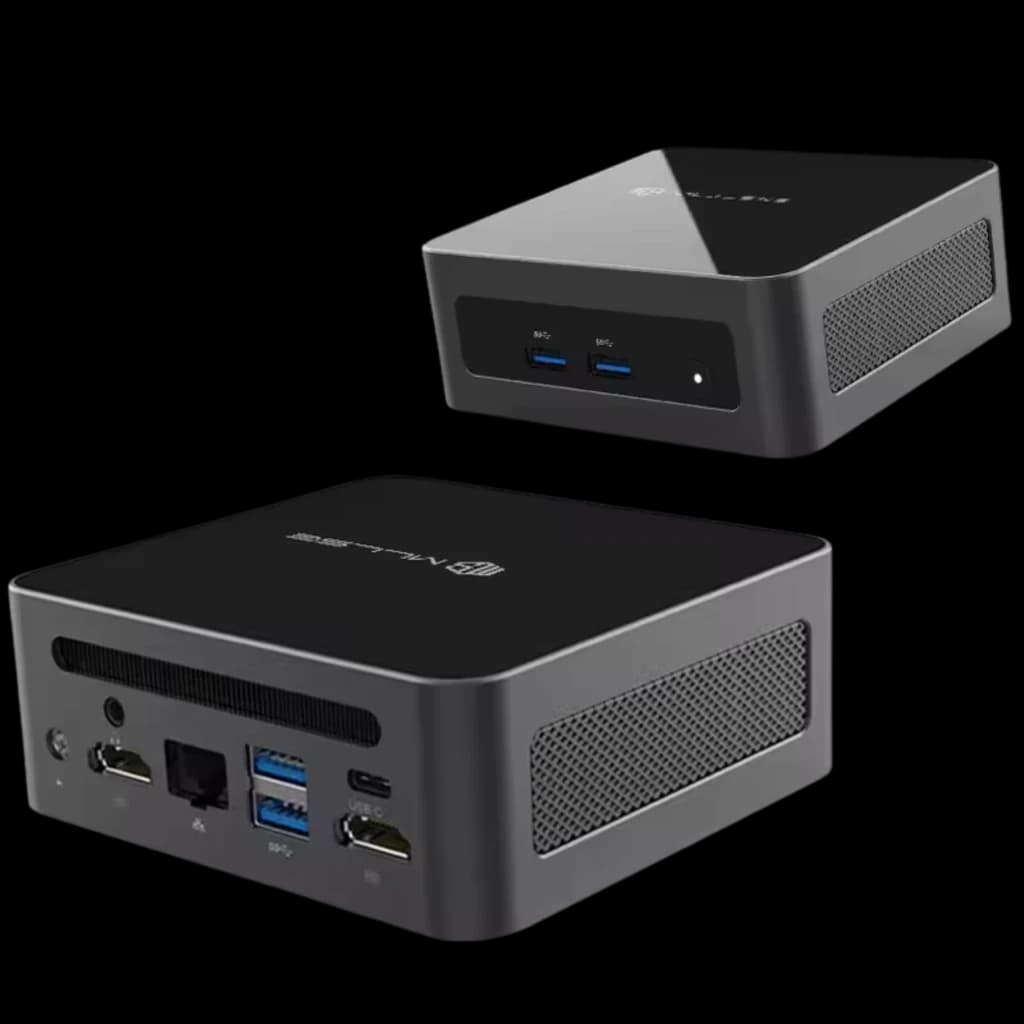 MLLSE M8 Mini PC compacto en negro, chasis metálico, rejillas laterales, puertos frontales USB y traseros HDMI, Ethernet y USB, diseño minimalista Windows 11