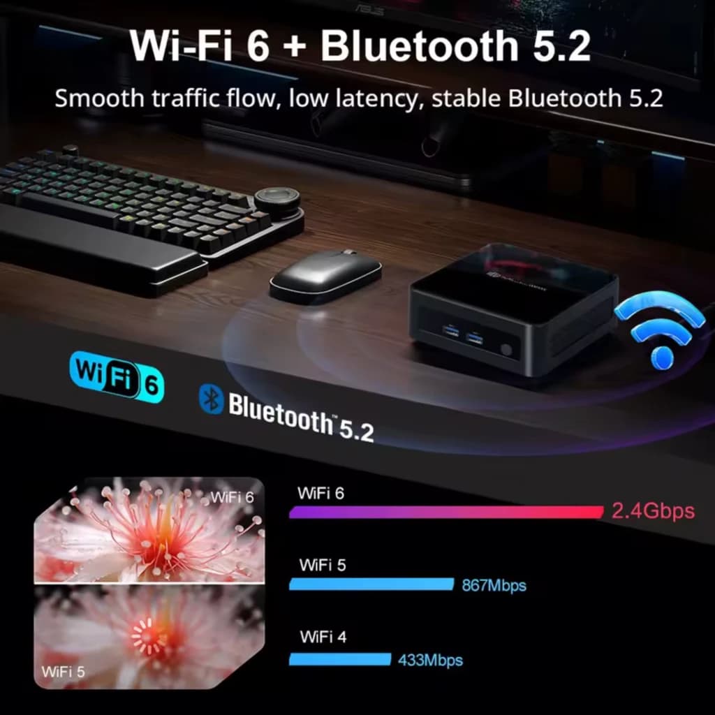 MLLSE M8 Mini PC compacto con Intel Core i9-12900HK, chasis negro con puertos frontales USB y audio, indicador LED azul y soporte WiFi 6 y Bluetooth 5.2