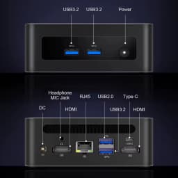 MLLSE M8 Mini PC compacto en negro con frontal USB 3.2 dual y botón de encendido; trasera con HDMI dual, USB 3.2, USB 2.0, Type-C, RJ45, jack y puerto DC