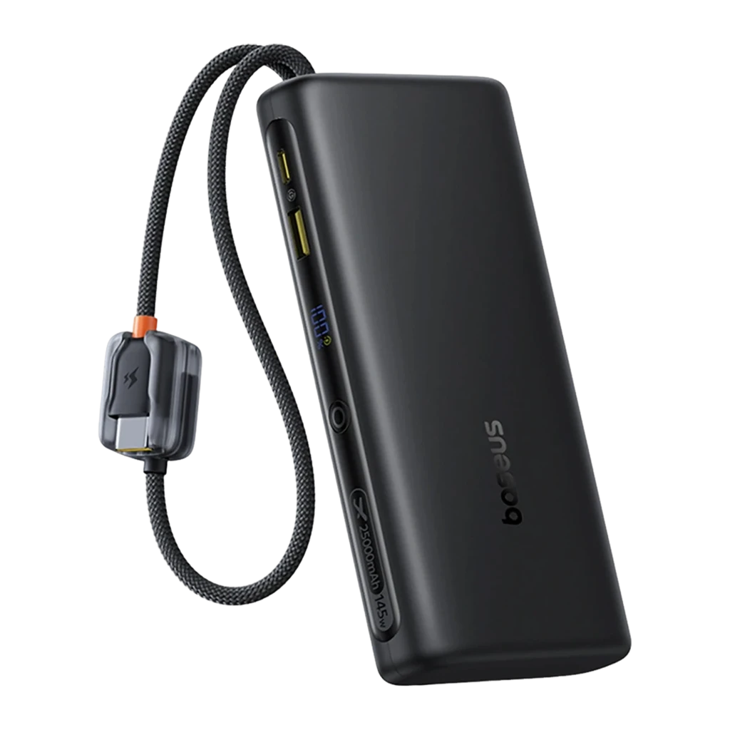 Power Bank Baseus EnerFill FC41 25000mAh 145W en negro mate con pantalla LED, puertos USB A y USB C, bordes curvos y cable trenzado USB C a USB C con adaptador - Ítem1