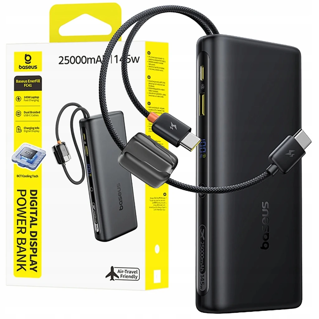 Power Bank Baseus EnerFill FC41 25000mAh 145W en negro mate con pantalla LED, puertos USB A y USB C, bordes curvos y cable trenzado USB C a USB C con adaptador - Ítem4