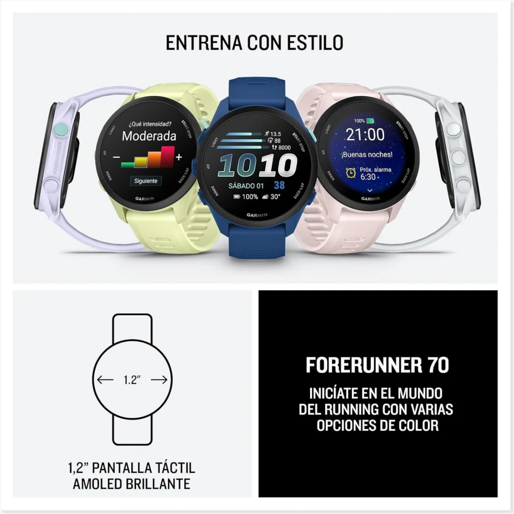 Garmin Forerunner 70 amarelo com tela AMOLED 1,2 pol, mostrador esportivo, botões laterais, pulseira ventilada, resistência 5 ATM e GPS integrado - Item3