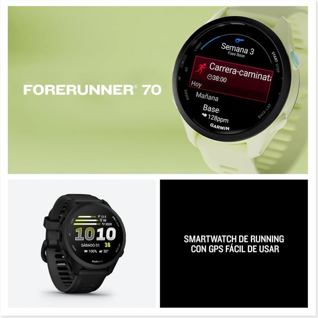 Garmin Forerunner 70 amarelo com tela AMOLED 1,2 pol, mostrador esportivo, botões laterais, pulseira ventilada, resistência 5 ATM e GPS integrado - Item6