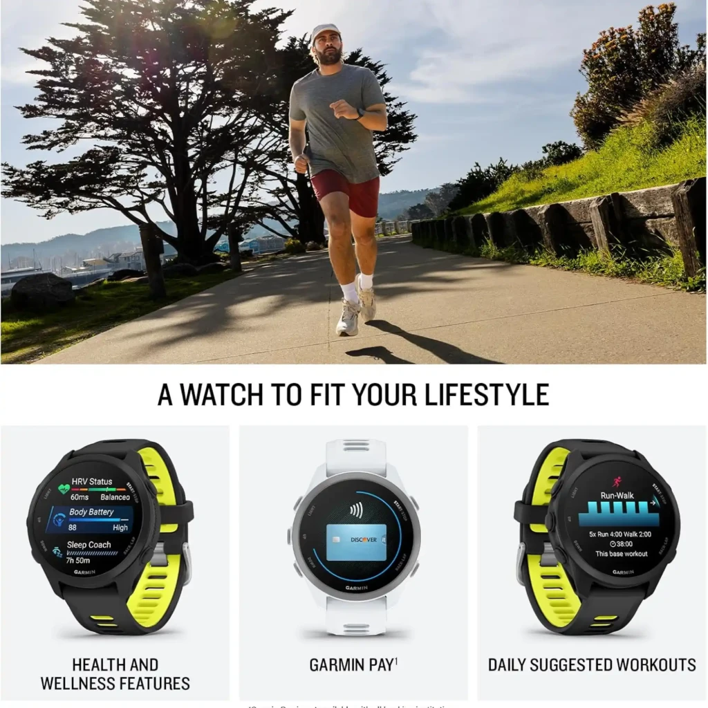 Garmin Forerunner 170 preto com pulseira amarela, tela AMOLED 1,2 pol, mostrador com métricas de treino, GPS, resistência 5 ATM, design esportivo - Item6