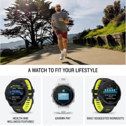 Garmin Forerunner 170 smartwatch preto com ecrã AMOLED 1,2 pol, caixa redonda, botões laterais e pulseira esportiva preta com interior amarelo
