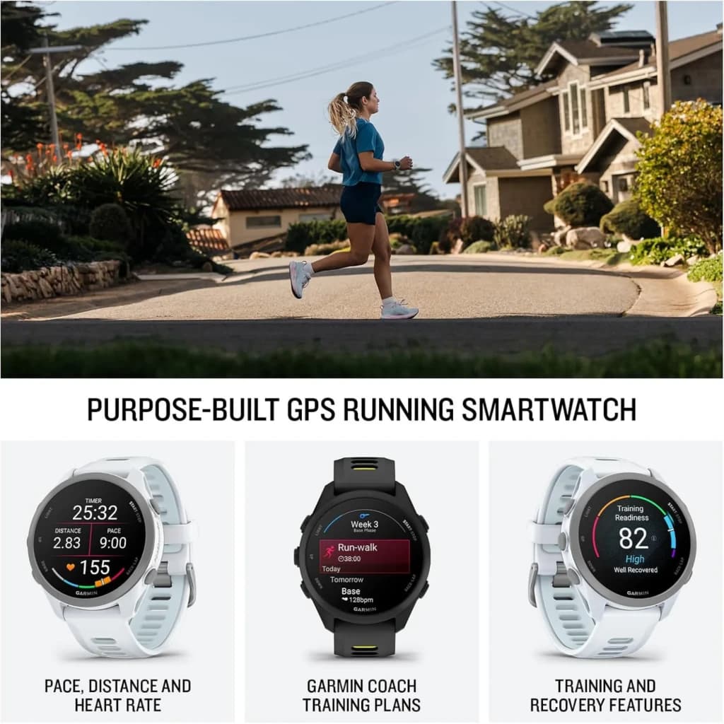 Garmin Forerunner 170 preto com tela AMOLED 1,2 pol, mostradores coloridos, métricas de corrida, planos de treino e resistência 5 ATM para uso esportivo