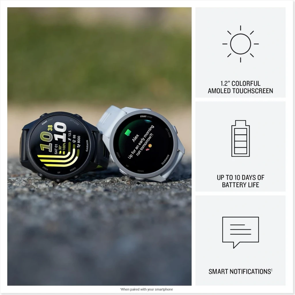 Garmin Forerunner 170 preto com pulseira amarela, tela AMOLED 1,2 pol, mostrador com métricas de treino, GPS, resistência 5 ATM, design esportivo - Item1