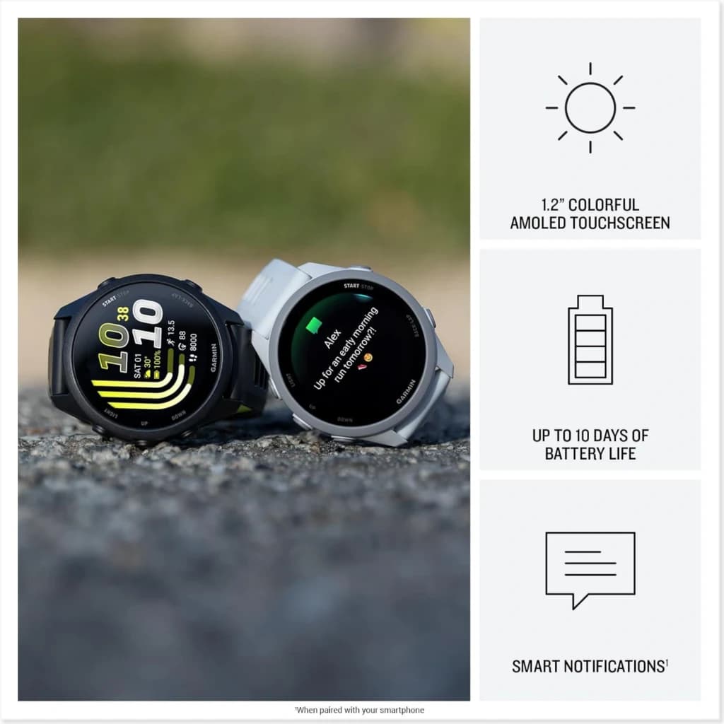Garmin Forerunner 170 smartwatch preto com tela AMOLED 1,2 pol, mostrador esportivo, pulseira de silicone, caixa robusta e botões laterais ergonomicos