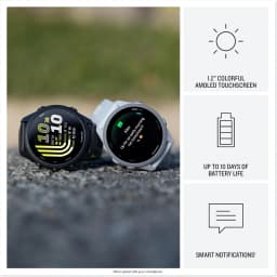 Garmin Forerunner 170 smartwatch preto com tela AMOLED 1,2 pol, mostrador esportivo, pulseira de silicone, caixa robusta e botões laterais ergonomicos