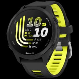 Garmin Forerunner 170 preto com pulseira amarela, tela AMOLED 1,2 pol, mostrador com métricas de treino, GPS, resistência 5 ATM, design esportivo