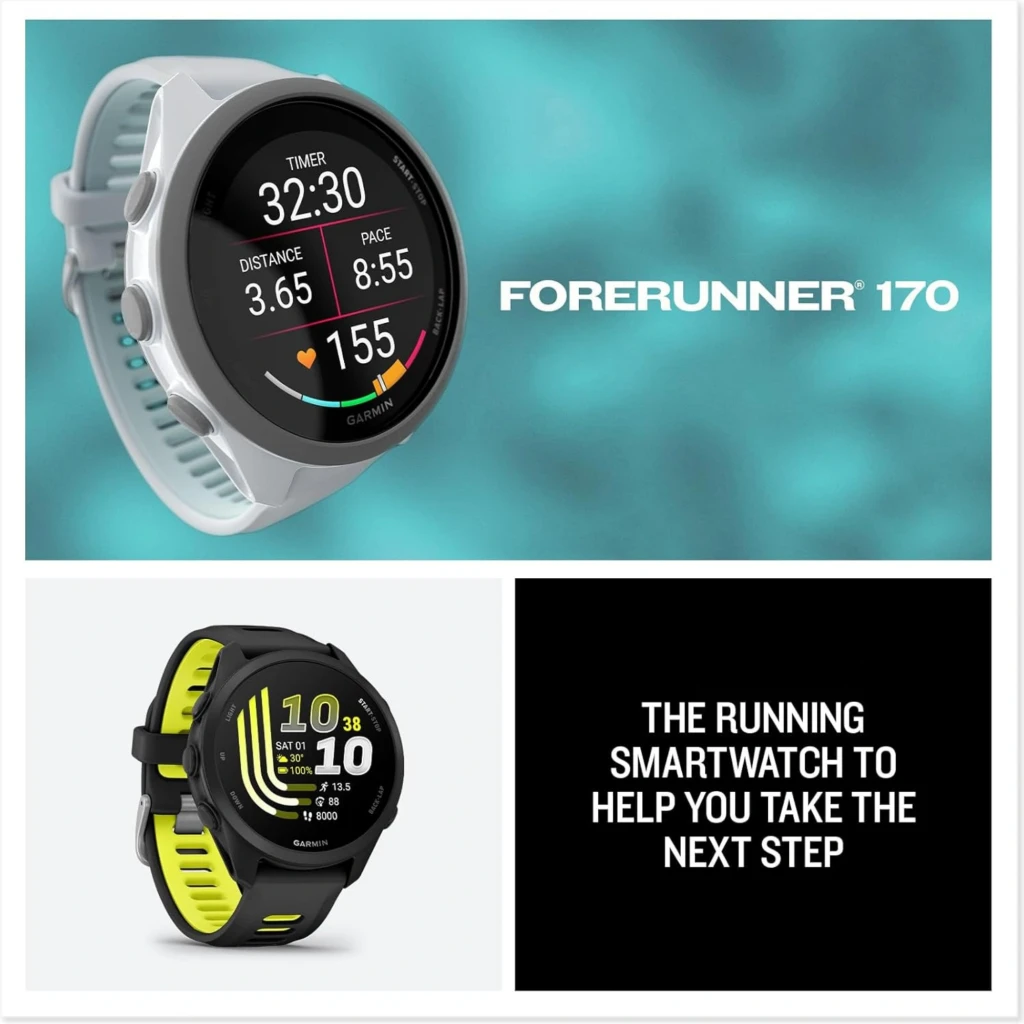Garmin Forerunner 170 preto com pulseira amarela, tela AMOLED 1,2 pol, mostrador com métricas de treino, GPS, resistência 5 ATM, design esportivo - Item2