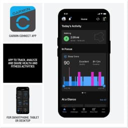 Tela do app Garmin Connect exibindo métricas: passos, mapa de caminhada, pontuação de sono com gráficos, metas diárias e navegação em smartphone preto