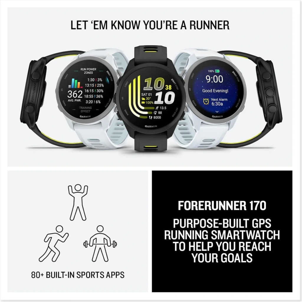 Garmin Forerunner 170 preto com pulseira amarela, tela AMOLED 1,2 pol, mostrador com métricas de treino, GPS, resistência 5 ATM, design esportivo - Item4
