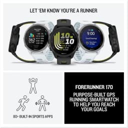 Garmin Forerunner 170 smartwatch preto com tela AMOLED 1,2 pol, mostrador esportivo amarelo, pulseira perfurada, botões laterais e design leve para corrida