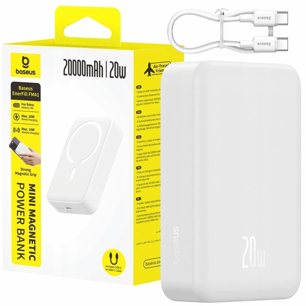 Power Bank Baseus EnerFill FM41 Ultra Mini Magnetic Blanco, diseño compacto rectangular, acabado mate, logotipo lateral y potencia 20W impresa en frontal - Ítem3