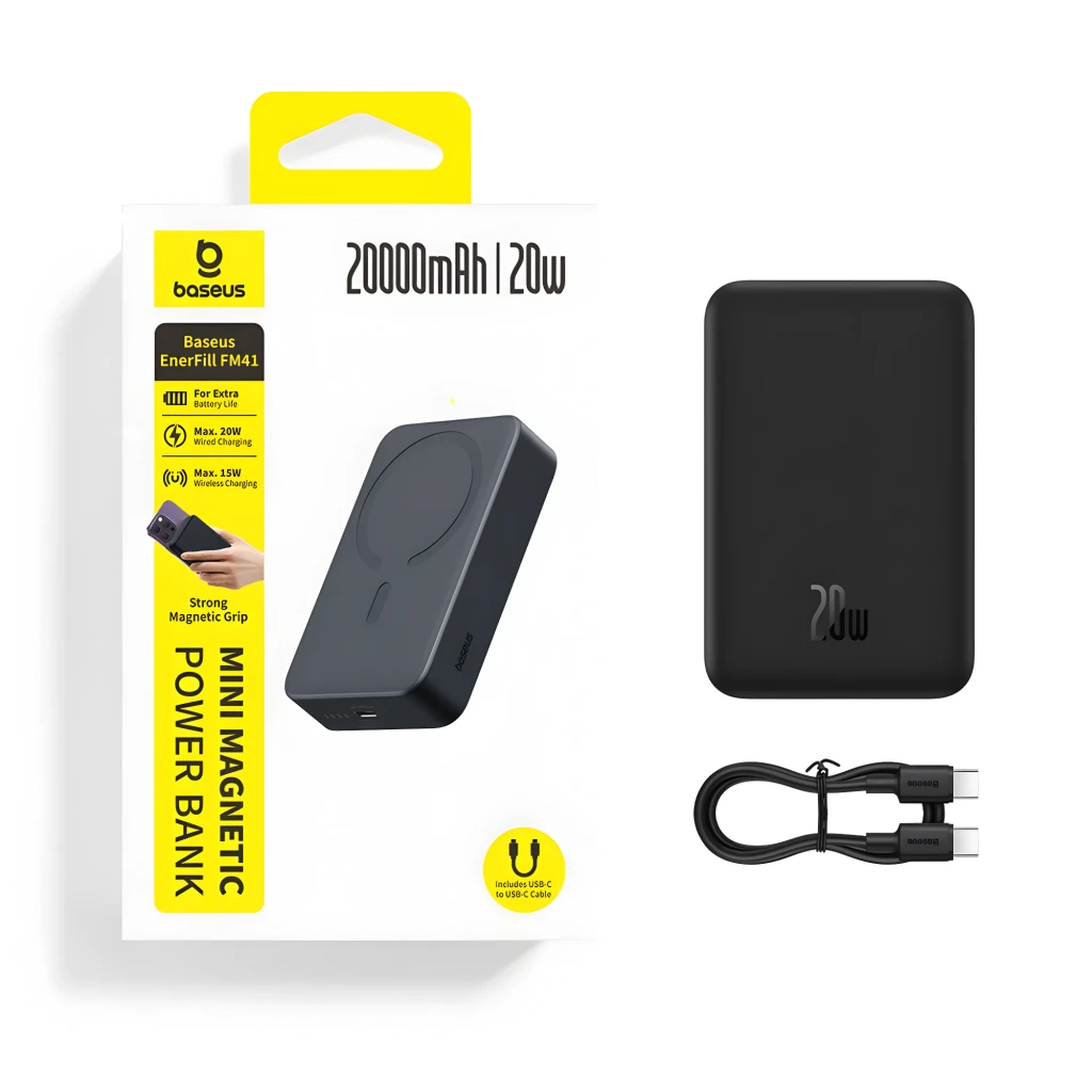 Power Bank Baseus EnerFill FM41 Ultra Mini Magnetic Negro con acabado mate, diseño compacto y bordes redondeados, logo 20W visible y marca lateral baseus - Ítem4
