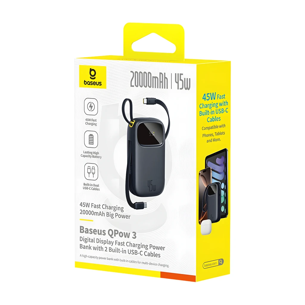 Power Bank Baseus EnerFill FC31 20000mAh 45W color negro con pantalla LED, cable USB-C integrado y diseño compacto con bordes redondeados - Ítem4