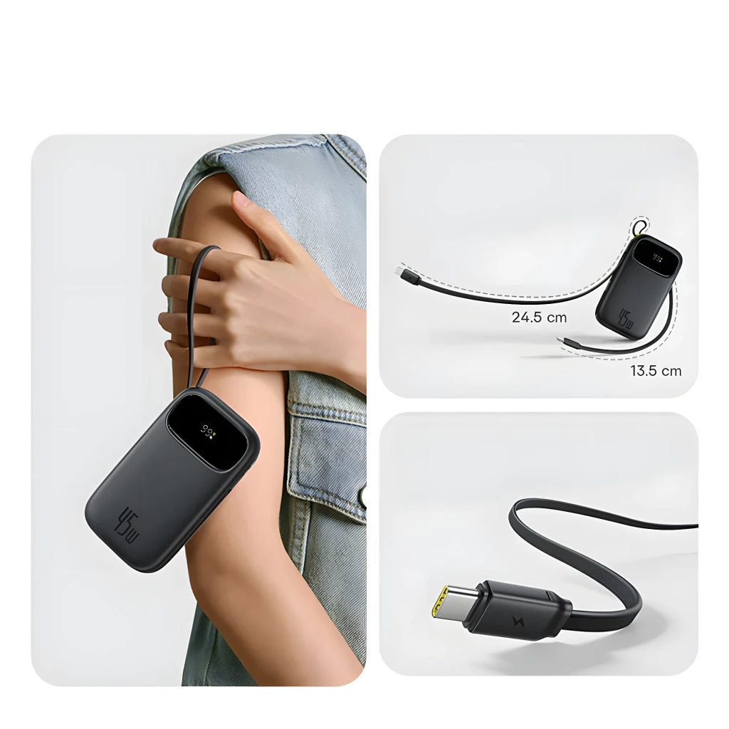 Power Bank Baseus EnerFill FC31 20000mAh 45W color negro con pantalla LED, cable USB-C integrado y diseño compacto con bordes redondeados - Ítem2