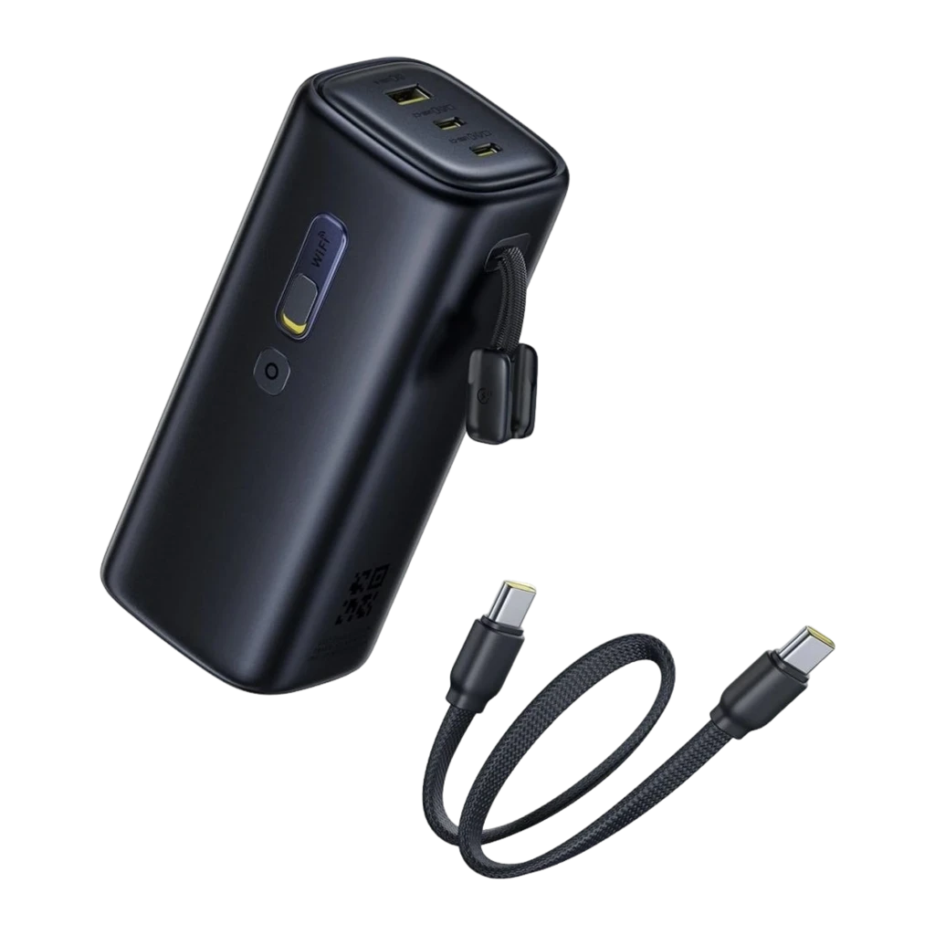 Power Bank Baseus EnerGeek GX11 MiFi 67W 20000mAh en color negro, pantalla con indicador de batería 18%, iconos WiFi y 4G, cuerpo compacto con logo baseus - Ítem2