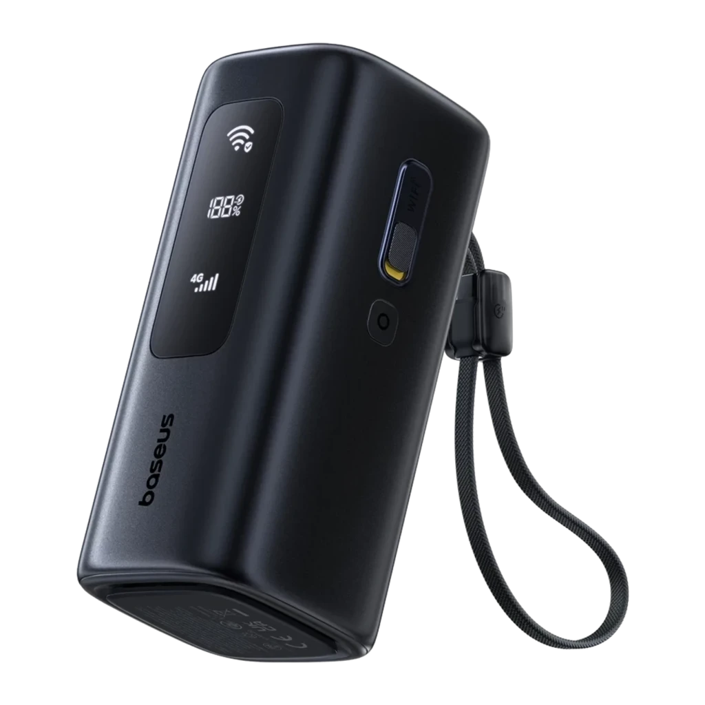 Power Bank Baseus EnerGeek GX11 MiFi 67W 20000mAh en color negro, pantalla con indicador de batería 18%, iconos WiFi y 4G, cuerpo compacto con logo baseus - Ítem3