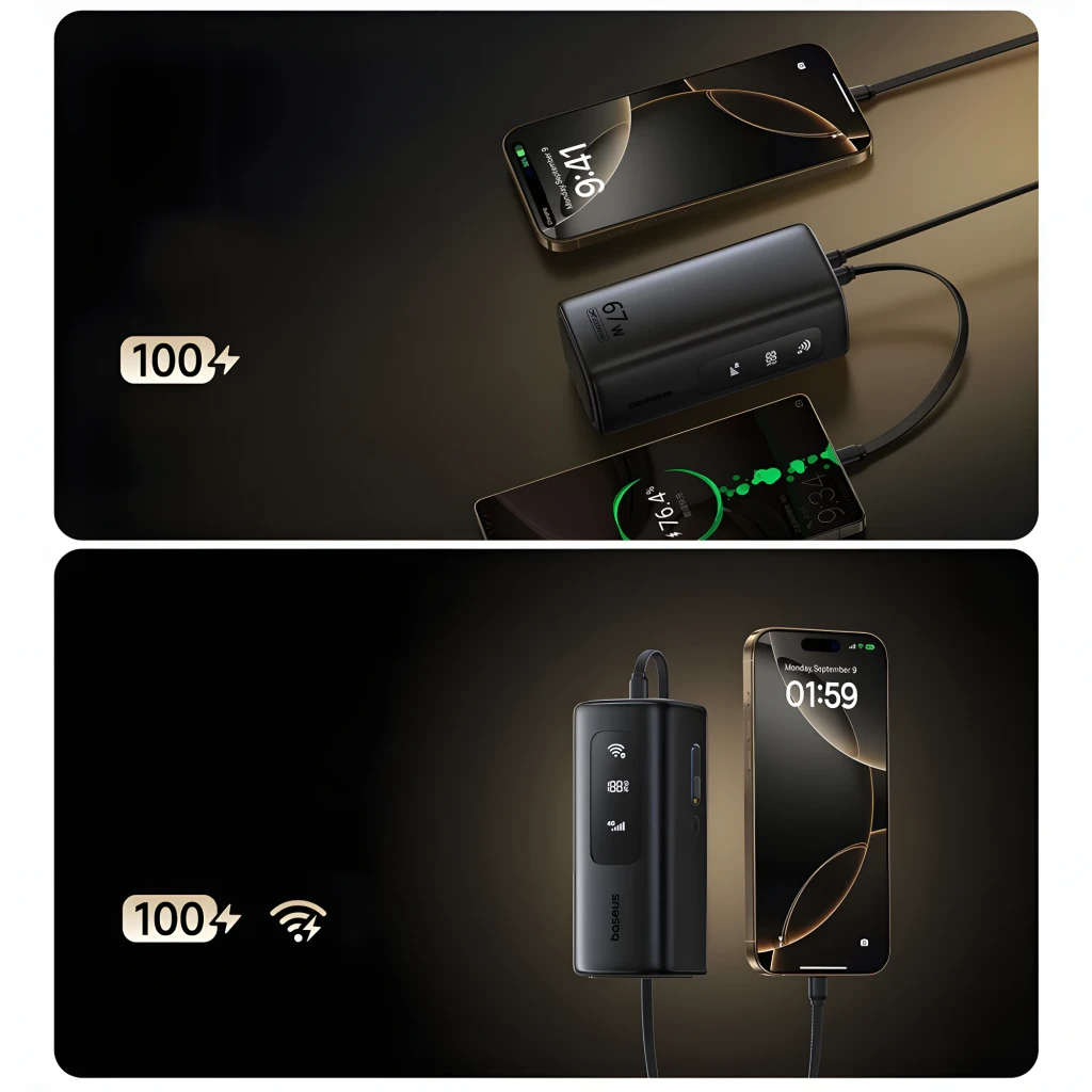 Power Bank Baseus EnerGeek GX11 MiFi 67W 20000mAh en color negro, pantalla con indicador de batería 18%, iconos WiFi y 4G, cuerpo compacto con logo baseus - Ítem4