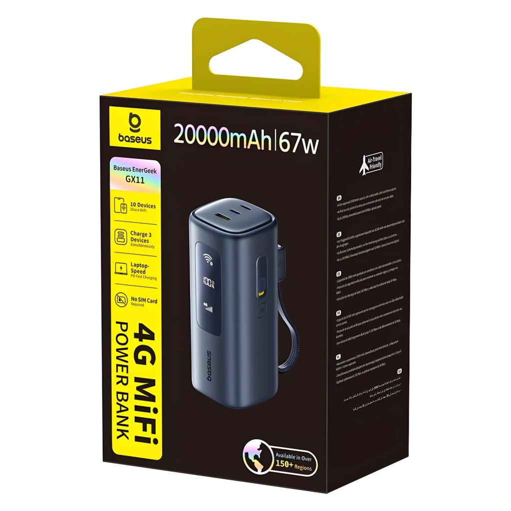 Power Bank Baseus EnerGeek GX11 MiFi 67W 20000mAh en color negro, pantalla con indicador de batería 18%, iconos WiFi y 4G, cuerpo compacto con logo baseus - Ítem5