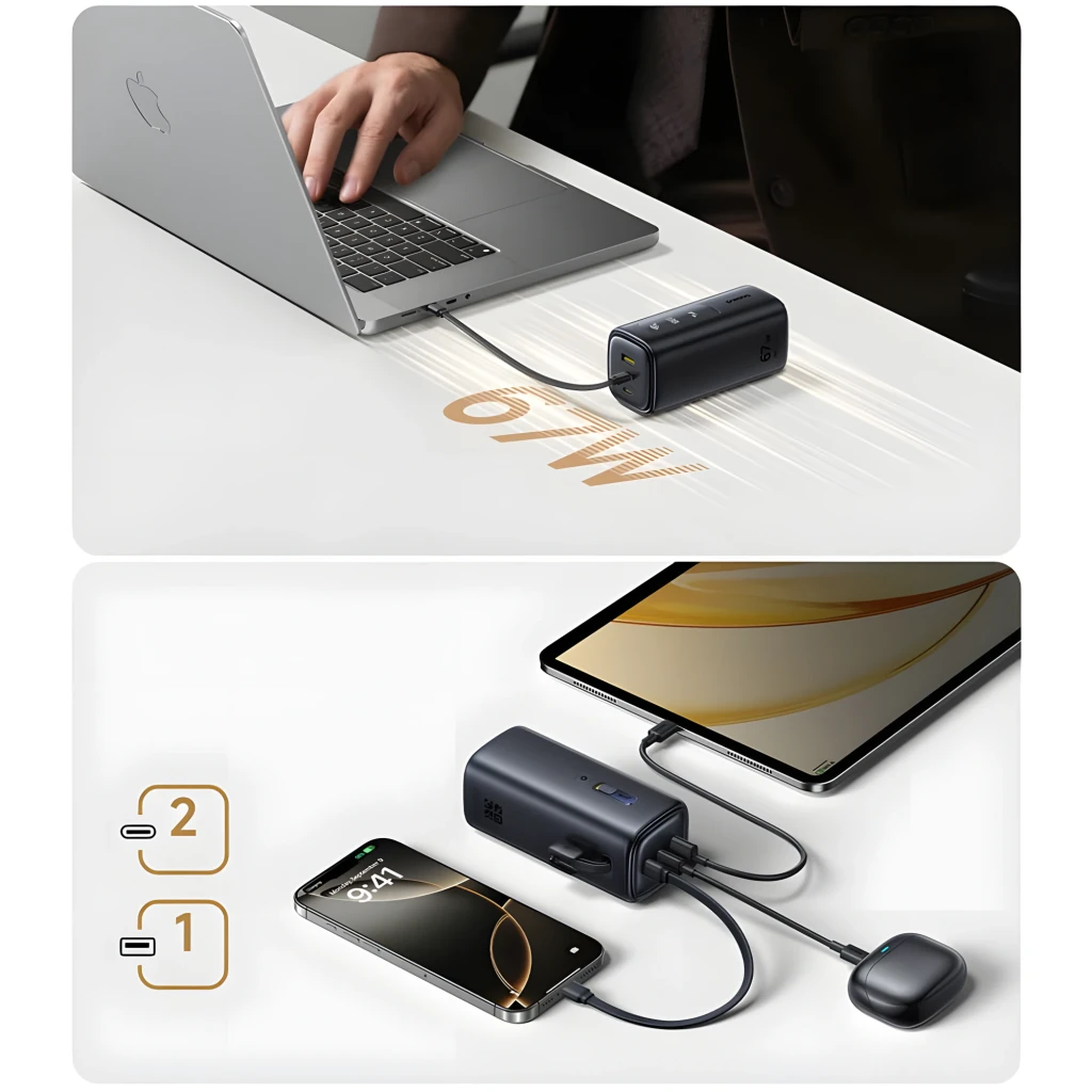 Power Bank Baseus EnerGeek GX11 MiFi 67W 20000mAh en color negro, pantalla con indicador de batería 18%, iconos WiFi y 4G, cuerpo compacto con logo baseus - Ítem6