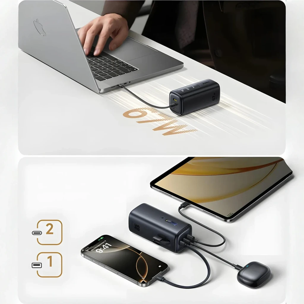 Power Bank Baseus EnerGeek GX11 MiFi 67W 20000mAh en color negro, pantalla con indicador de batería 18%, iconos WiFi y 4G, cuerpo compacto con logo baseus - Ítem1