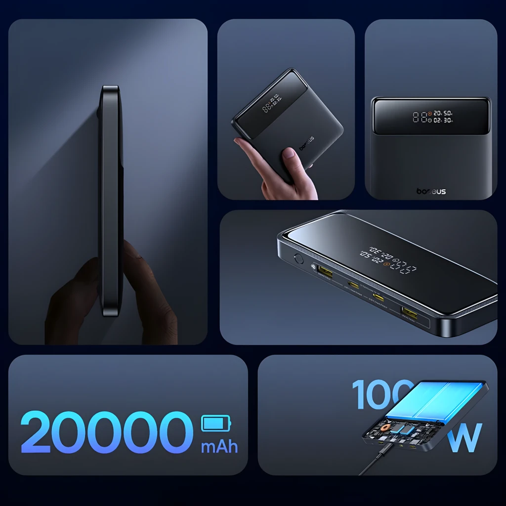 Power Bank Baseus Blade H1 Lite 20000mAh 100W con pantalla LED que muestra voltaje, amperaje y tiempo, acabado texturizado negro y bordes redondeados - Ítem2