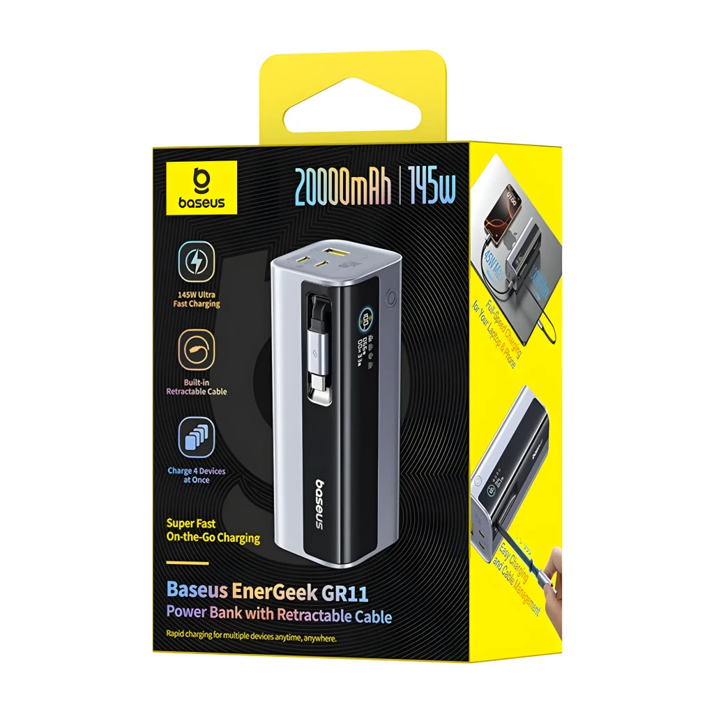 Power Bank Baseus EnerGeek GR11 145W PD3.0 20000mAh en gris negro con pantalla digital, múltiples puertos USB y USB-C, diseño compacto y lateral texturizado - Ítem5