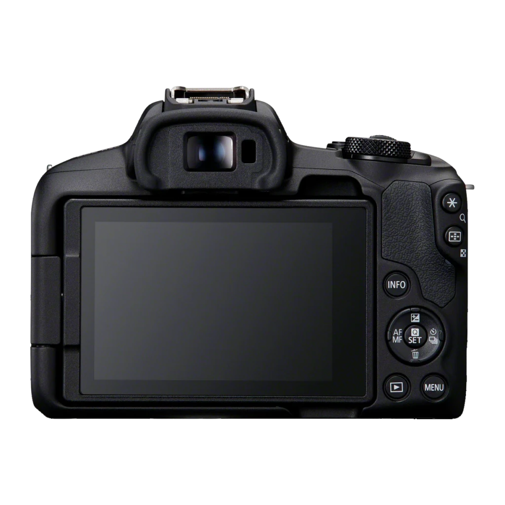Arrière de l’appareil Canon EOS R50 avec grand écran LCD, viseur électronique, molette de réglage et boutons dédiés pour menus, info et autofocus