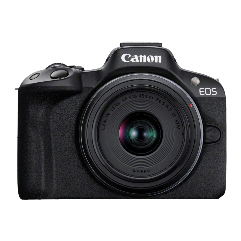 Appareil photo hybride Canon EOS R50 avec objectif RF-S 18-45mm IS STM, boîtier compact noir, grande poignée, monture RF et commandes accessibles EOS