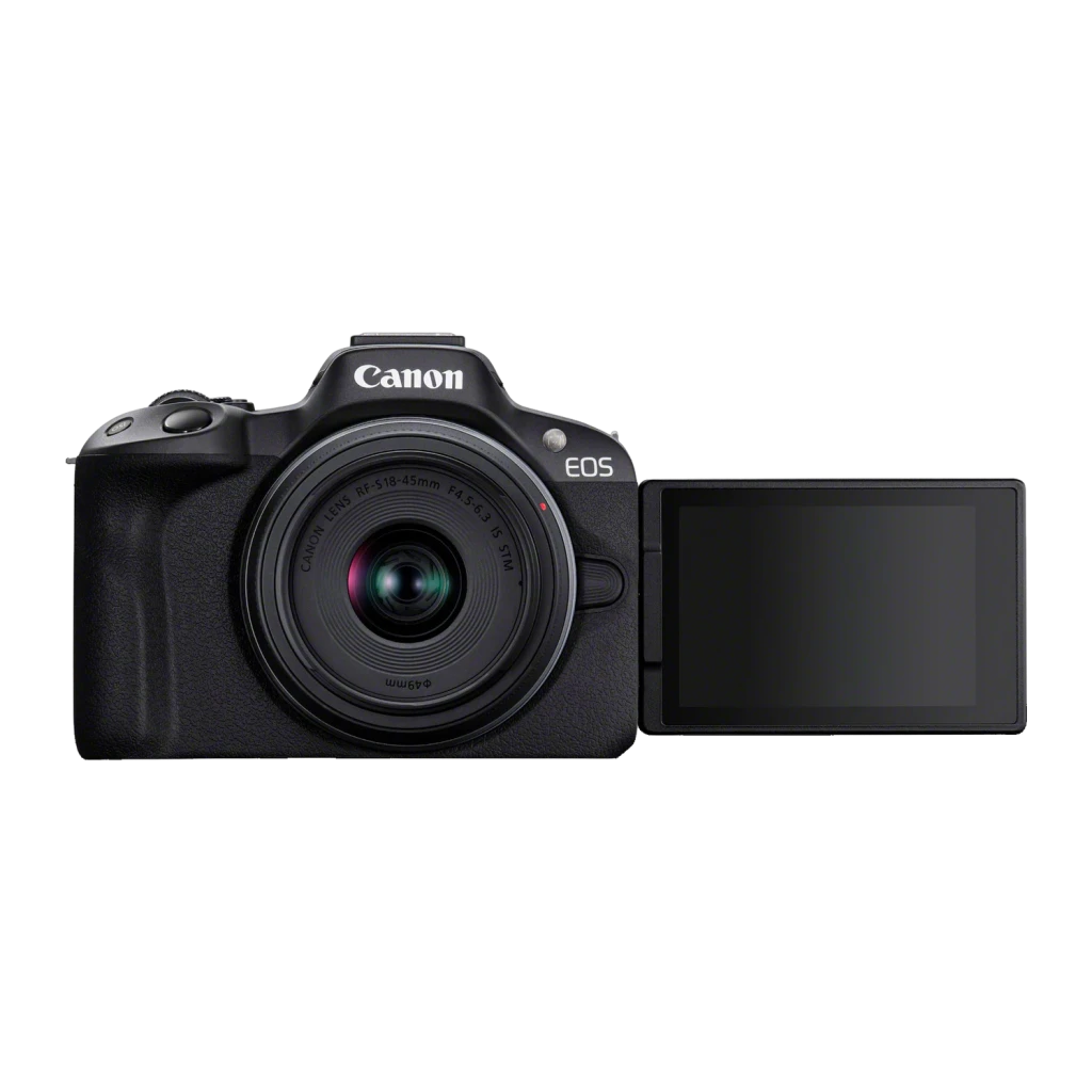 Appareil photo hybride Canon EOS R50 avec écran tactile orientable et objectif RF-S 18-45mm monté, boîtier noir compact au design ergonomique