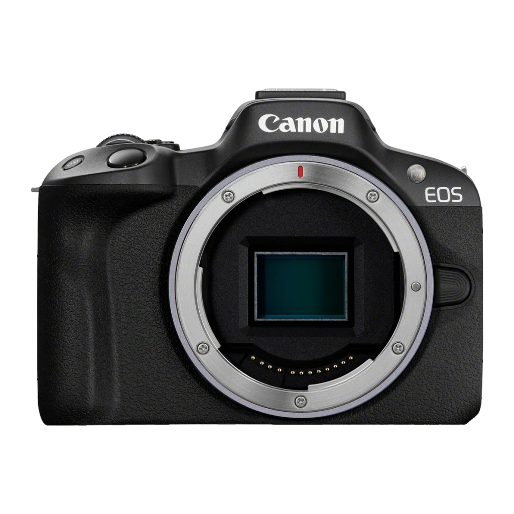 Appareil photo hybride Canon EOS R50 noir sans objectif monture RF affichant le capteur APS-C exposé boîtier compact avec poignée texturée et bouton EOS