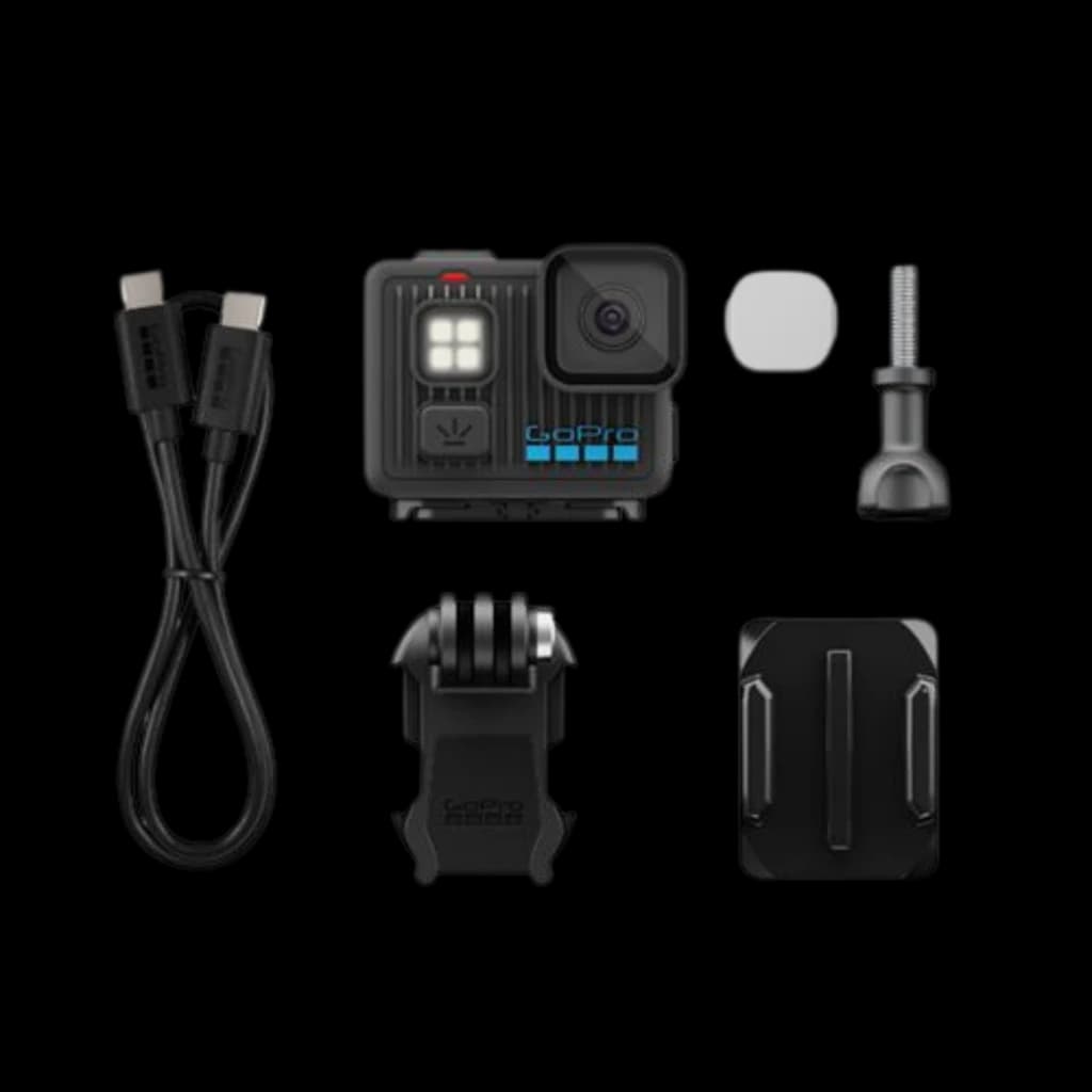 Cámara GoPro Lit Hero 4K 60fps 12 MP con luz frontal, lente gran angular y carcasa compacta. Incluye cables USB-C, monturas adhesivas y tornillo de fijación