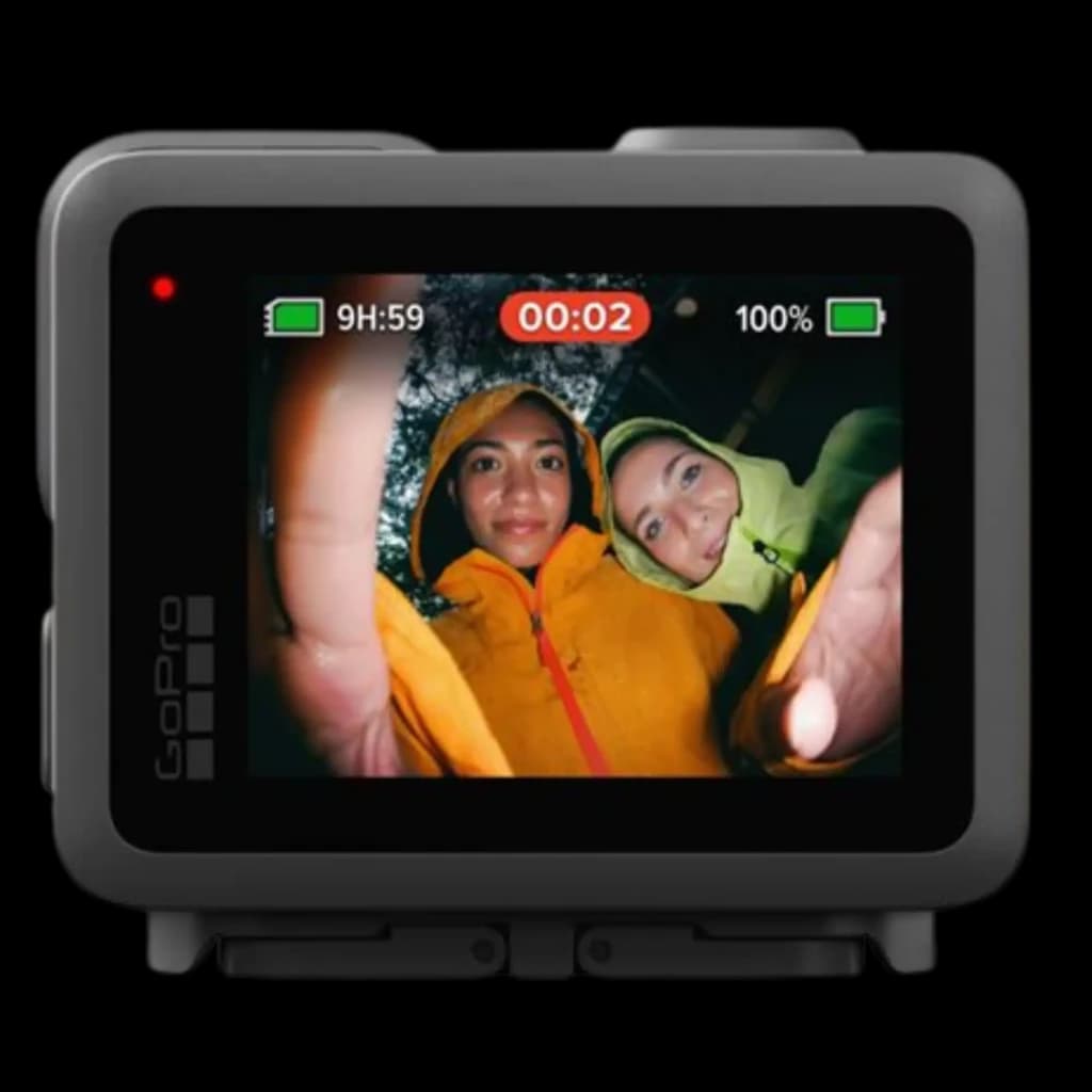GoPro Lit Hero 4K 60fps 12 MP con pantalla trasera activa, indicadores de batería y grabación; carcasa robusta y sumergible 5 m con estabilización
