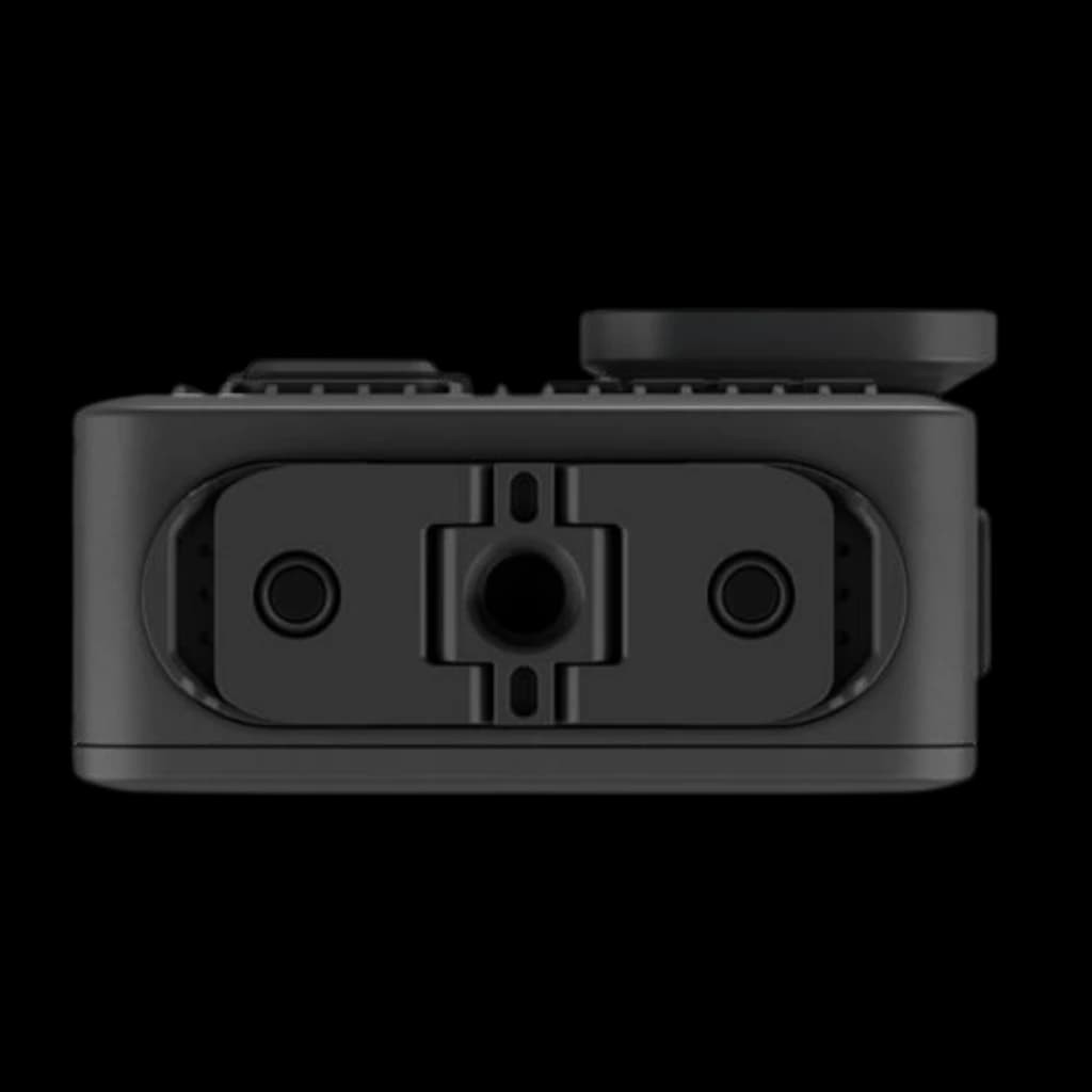 Base de cámara GoPro Lit Hero 4K con montaje central roscado y dos orificios laterales, cuerpo negro compacto y resistencia sumergible 5 m con HyperSmooth