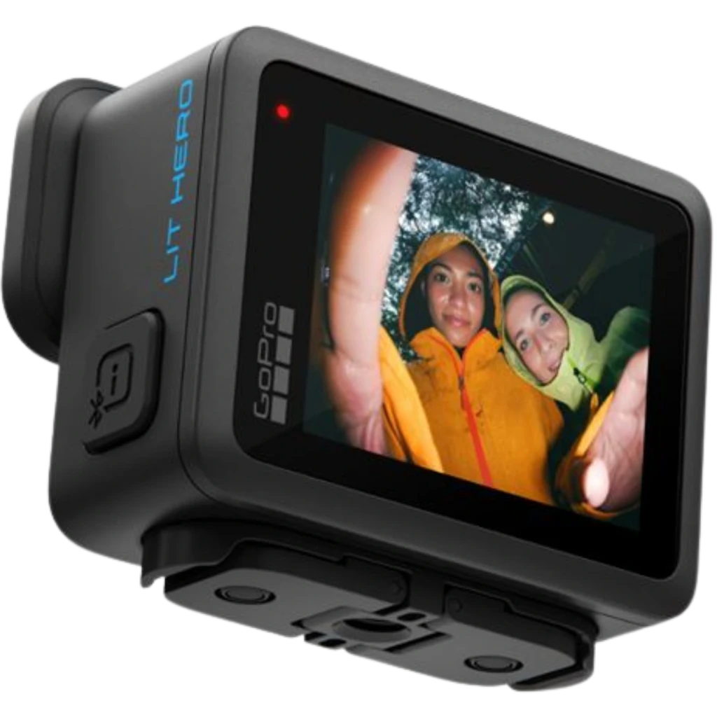 GoPro Lit Hero 4K 60fps 12 MP Sumergible 5 m HyperSmooth con lente gran angular, luz LED frontal, botón lateral y cuerpo robusto negro con detalles azules - Ítem4