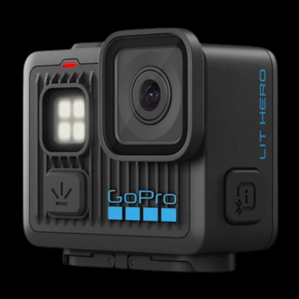 Cámara GoPro Lit Hero 4K 60fps 12 MP con lente gran angular, pantalla frontal con luz LED, cuerpo robusto, botones laterales y diseño negro compacto
