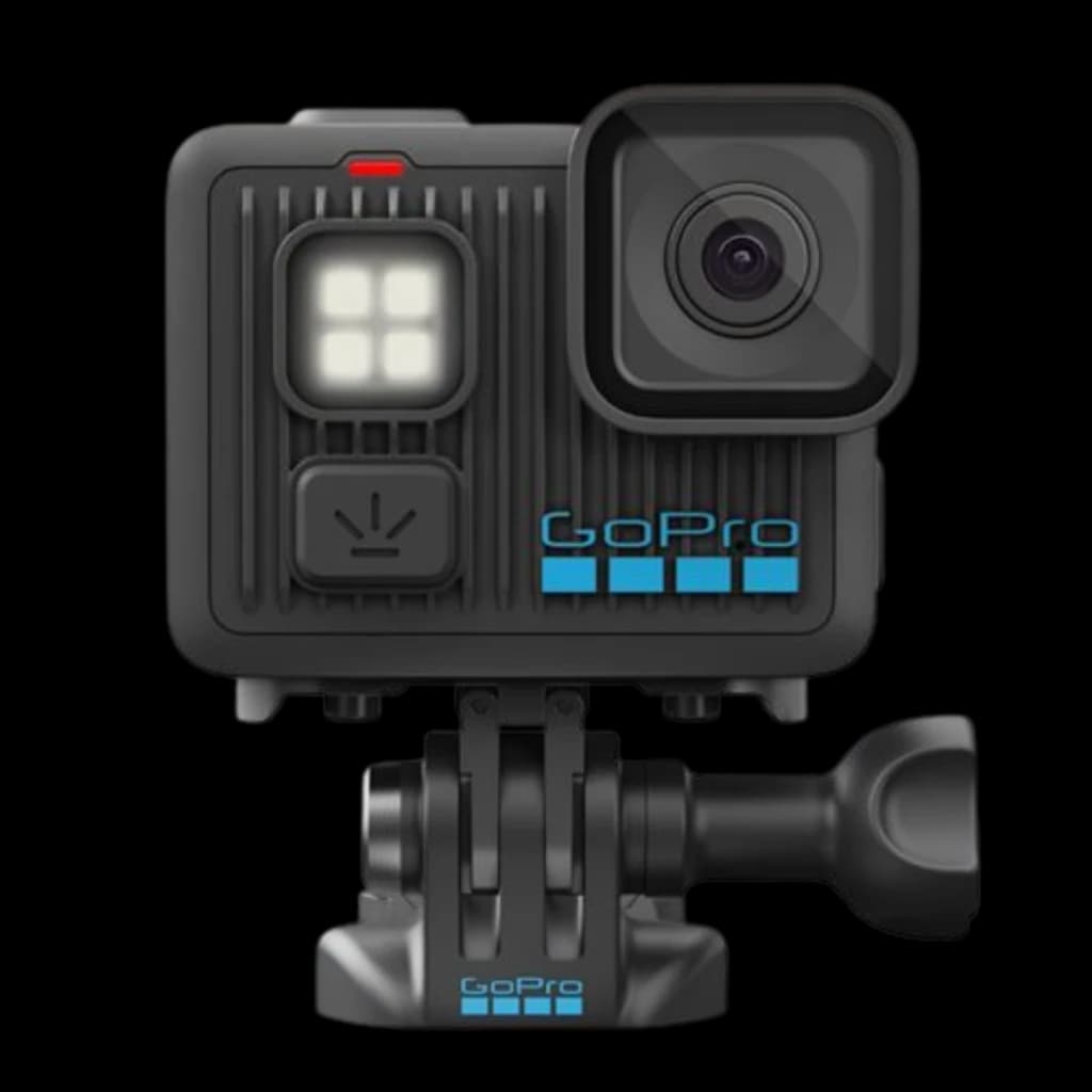 GoPro Lit Hero 4K 60fps 12 MP, cuerpo negro compacto con luz frontal integrada, lente gran angular, montura robusta y diseño sumergible hasta 5 m con