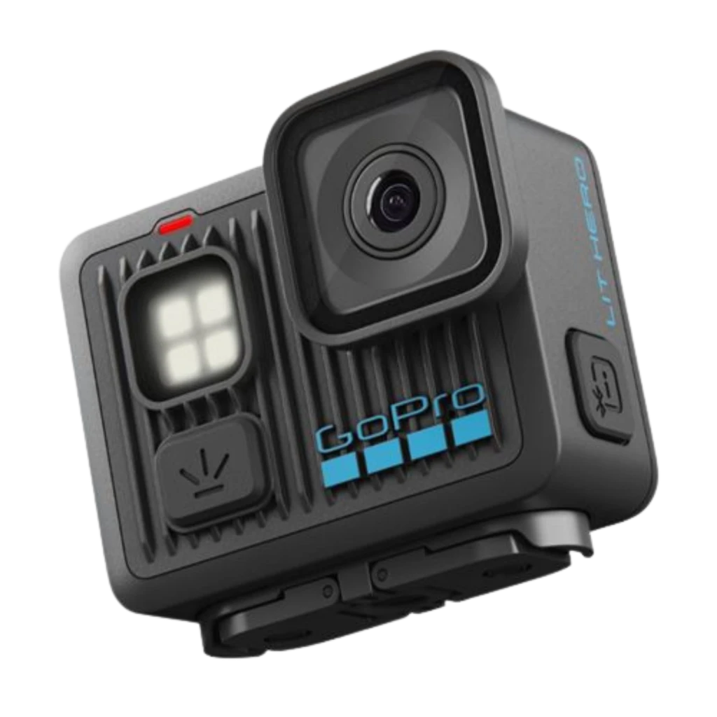 GoPro Lit Hero 4K 60fps 12 MP Sumergible 5 m HyperSmooth con lente gran angular, luz LED frontal, botón lateral y cuerpo robusto negro con detalles azules - Ítem1