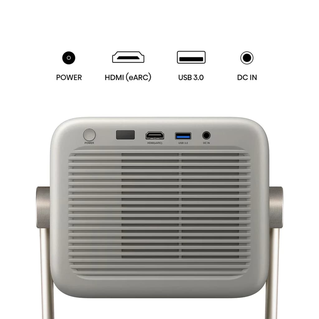 Arrière du Projecteur Hisense M2 Pro Trichroma Mini Laser 4K UHD: grilles de ventilation, bouton Power, ports HDMI eARC, USB 3.0 et entrée DC IN