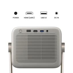Arrière du Projecteur Hisense M2 Pro Trichroma Mini Laser 4K UHD: grilles de ventilation, bouton Power, ports HDMI eARC, USB 3.0 et entrée DC IN