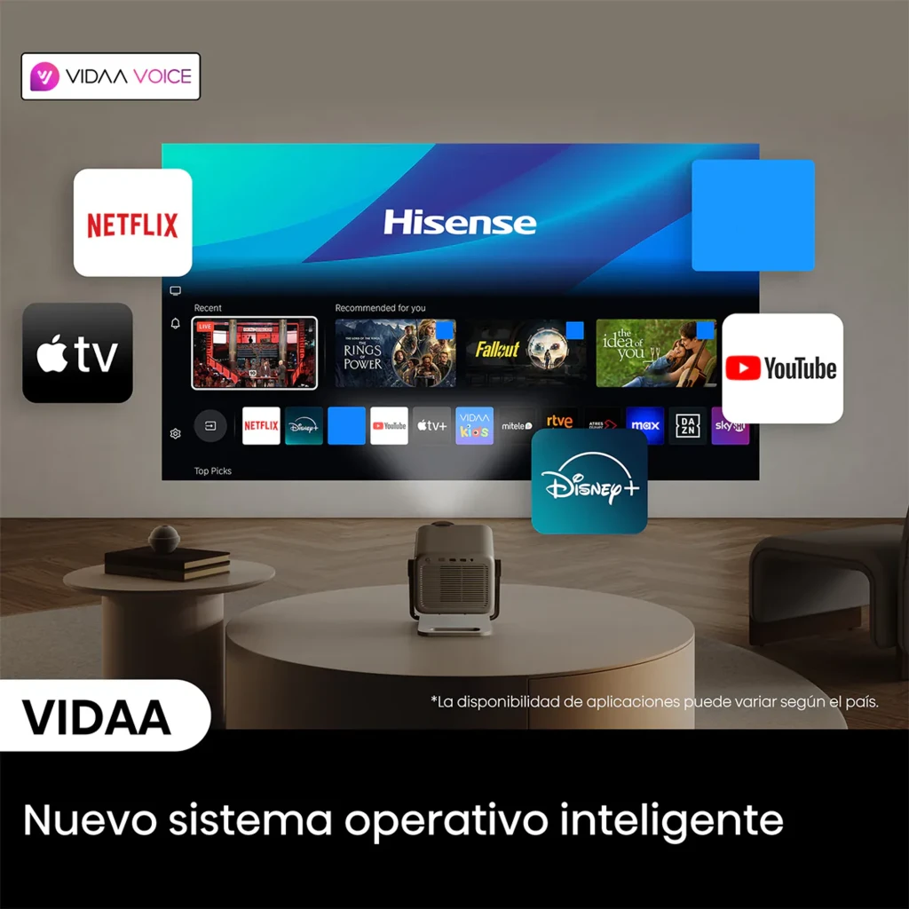 Projecteur compact gris sur support métallique, objectif 4K mis en avant, boîtier perforé pour ventilation, logo Hisense visible, design moderne et premium - Ítem8