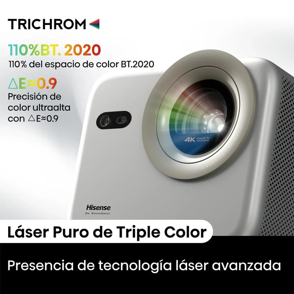 Projecteur portable Hisense M2 Pro Trichroma 4K UHD, triple laser pur, 1300 lumens ANSI, large objectif frontal, précision ΔE≤0,9, gamut BT.2020 110%