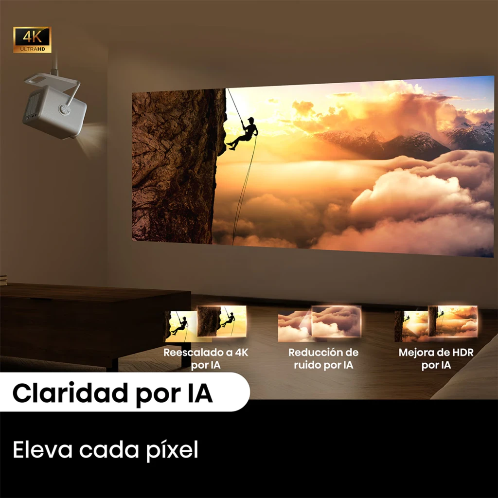 Projecteur compact gris sur support métallique, objectif 4K mis en avant, boîtier perforé pour ventilation, logo Hisense visible, design moderne et premium - Ítem5