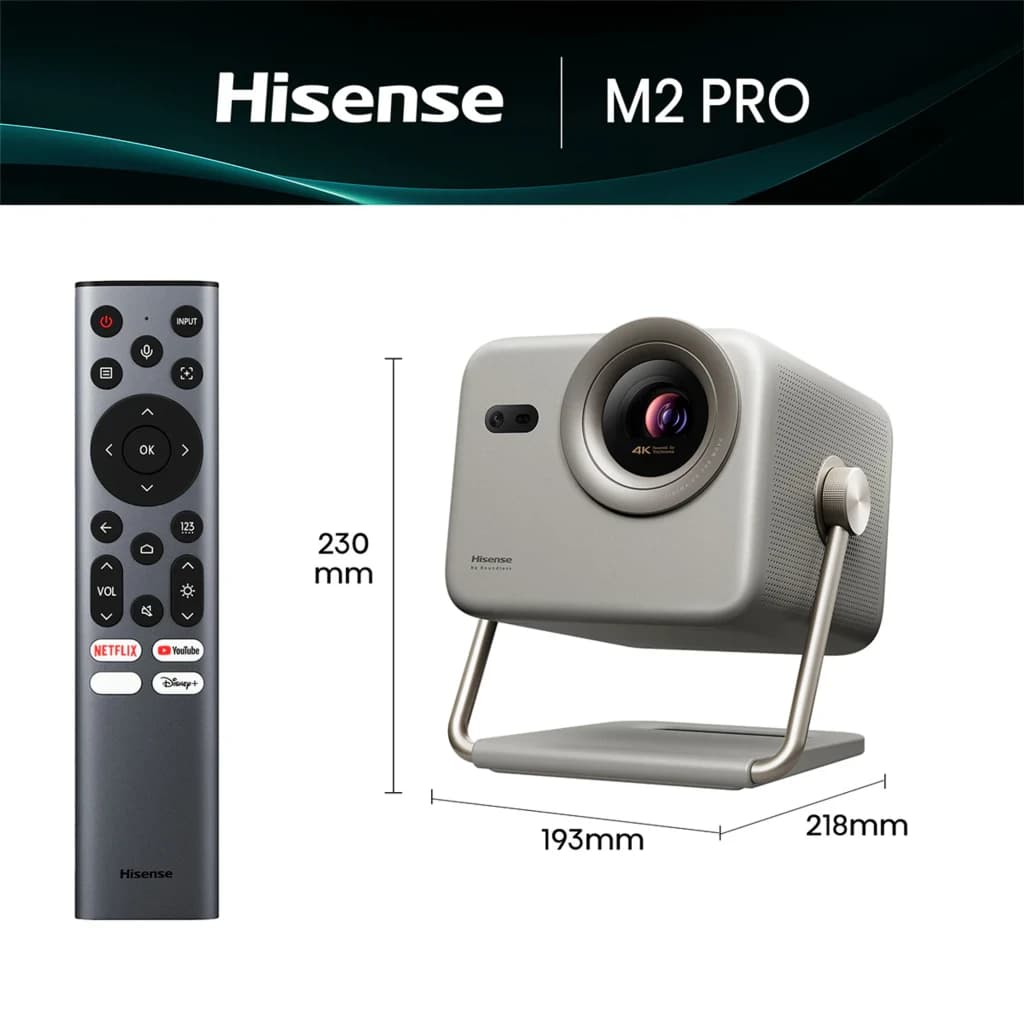 Projecteur portable Hisense M2 Pro Trichroma 4K UHD, 1300 lumens ANSI, boîtier gris avec large lentille, support métallique inclinable et télécommande