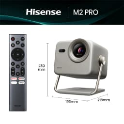 Projecteur portable Hisense M2 Pro Trichroma 4K UHD, 1300 lumens ANSI, boîtier gris avec large lentille, support métallique inclinable et télécommande
