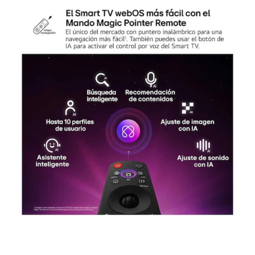 Controle remoto Magic Pointer da LG com ponteiro sem fio, botão de voz, busca inteligente, recomendações, perfis, ajustes de imagem e som com IA